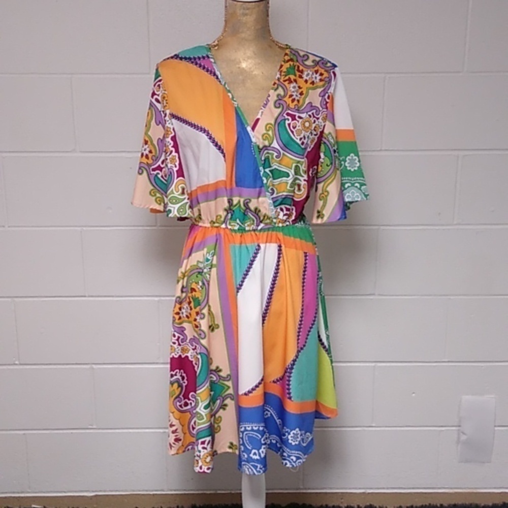 SHEIN BRIGHT, PAISLEY, CHAIN PRINT, CROSSOVER, FLUTTER SLEEVE, SHIRT WAIST DRESS